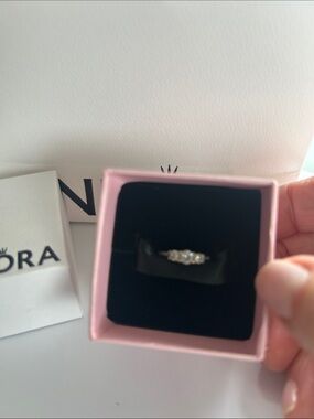 Pandora Silver Three-Stone Ring in Pink Box